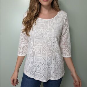 Lucky Brand White Lace Blouse cotton blend 3/4 sleeves size L